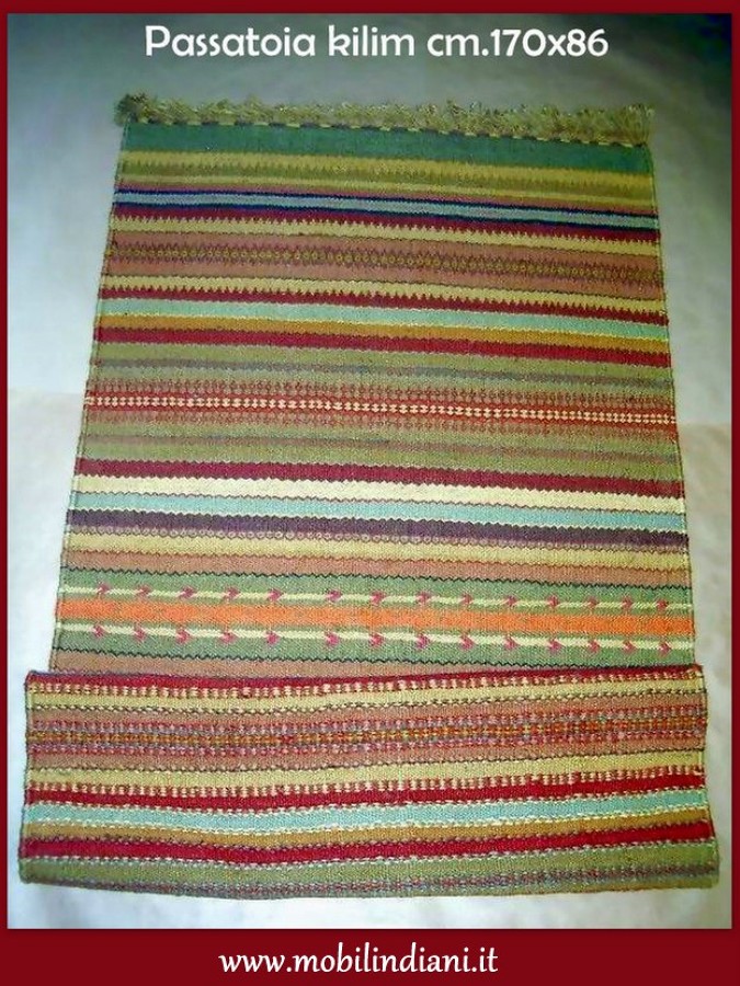 Tappeto Kilim Indiano 100% Cotone - Disegno Etnico B, Misure 60x90cm - Con Frange Annodate A Mano - Foto 7