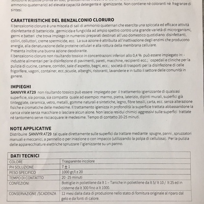 scheda tecnica del prodotto di sanificazione