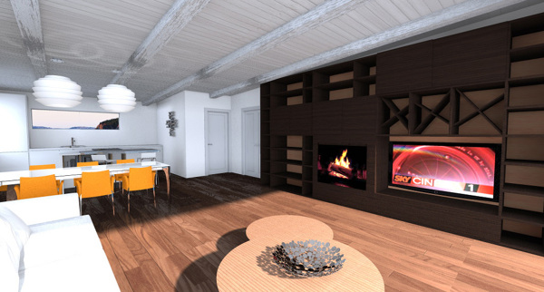 Foto: rendering progetto parete attrezzata con camino e tv di ... Parete attrezzata camino